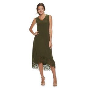 Dark Olive Women's Nina Leonard Crochet-Hem Midi Dress. Size Small